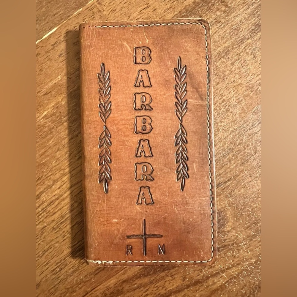 Vintage Tooled Leather Checkbook or Cover with the name BARBARA  on it